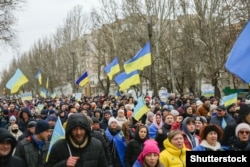 Митинг в поддержку Украины в начале российской оккупации. Мелитополь. 07 марта 2022 года