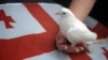 Georgia -- A woman demonstrating for peace, holds a dove near a Georgian flag, 01Sep2008